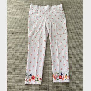 Verve White Floral Trim Stretch Straight Leg Pull On Pant Large